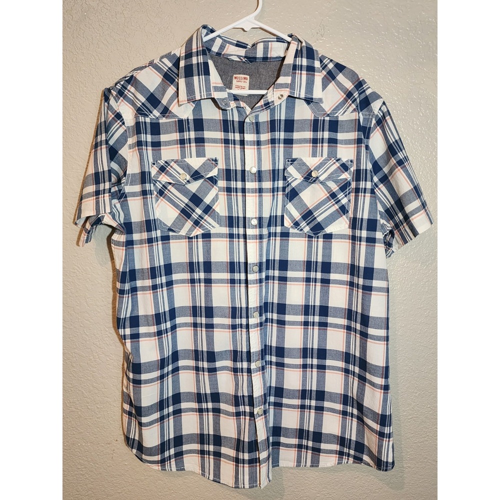 Mossimo Men's Pearl Snap Button Down Shirt, Size XL, Blue Plaid, Short Sleeve